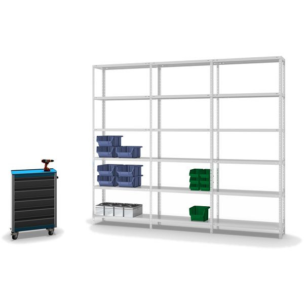 hofe Fachboden-Grundregal, 2500x300x1000 mm, 6 Fachebenen, RAL 7035, 125 kg Fachlast, 750 kg Feldlast, zweiseitige Bedienung, WKG25310L