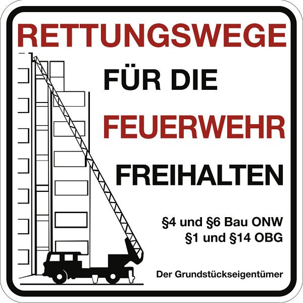 Moedel Rettungswege für die Feuerwehr freihalten mit Bauordnung..., Aluminium, 500x500 mm, 60298