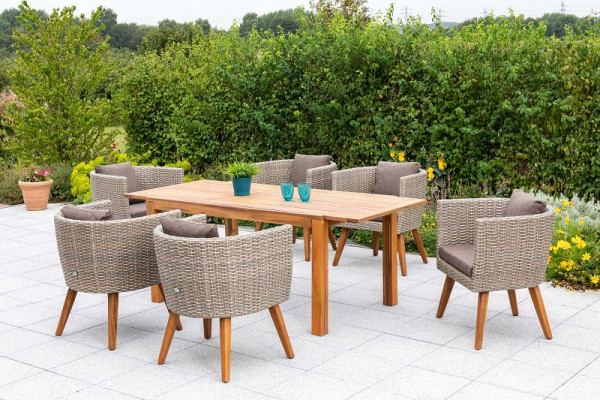 Merxx Imperia Set 7-teilig, 6 Imperia Sessel, inkl. Sitzkissen, 1 Ausziehtisch 150 (200) x 90 cm, moderne Optik, beige, FSC Akazienholz, 50428-255