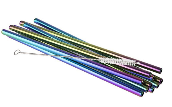 APS Trinkhalme 11er Set, Ø 8 mm, Länge: 21,5 cm, 18/8 Edelstahl, Regenbogen-Look, Inhalt: 10 Trinkhalme, 1 Reinigungsbürste, 93385