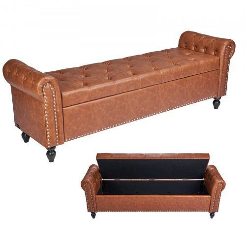 VEVOR Sitzbank Ottomane Braun, PU-Leder, Holzbeine, Knopfheftung, Stauraum, 300 kg Tragkraft, 460x1660x560 mm, Schuhbank, PZWSZYXTK617STHDO001V0