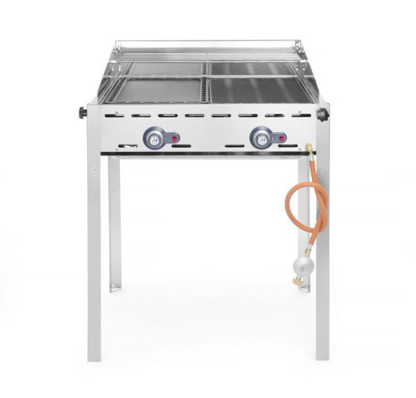 Hendi Grillsystem Green Fire 2 Brenner - Emaillierte Grillplatte und Grillrost aus Gusseisen GN 1/1 - 11.6 kWh - 740x612x825mm, 149508