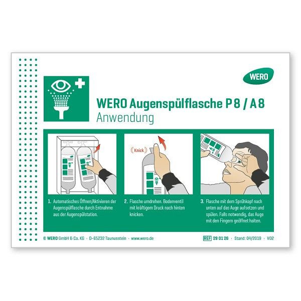 WERO Schild: Anwendung Augenspülflasche Modell P8 / A8, 290126