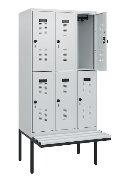 C+P Doppelstock-Spind Evolo PLUS, Bank, 6 Fächer, 1950x900x815mm, 7035/7035, Drehriegel, Sitzfläche Kunststoff, 0493405-30 S10106