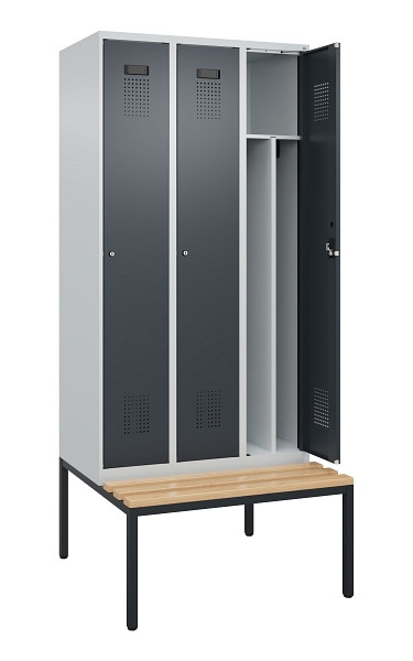 C+P Spind Evolo PLUS, 3 Abteile, 2120x900x815mm, 7035/7016, Haken 4, Zylinderschloss, Sitzfläche Buche-Hartholz, Sitzbank, 0490507-30F S10039
