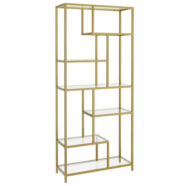 VASAGLE Bücherregal, sechsstöckiges hohes Bücherregal, Pflanzenstand, Ausstellungsregal, 30 x 80 x 180 cm, gehärtetes Glas, Metallgold, LGT502A01