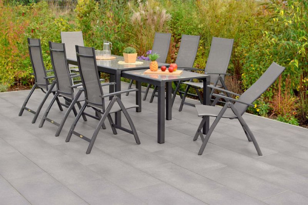 Merxx Vicenza Set 9-teilig, 8 Klappsessel, 1 Flex Ausziehtisch, 160/320 x 78/75 cm, graphit/diamantbraun, Aluminiumgestell mit Textilbespannung, 50573-217