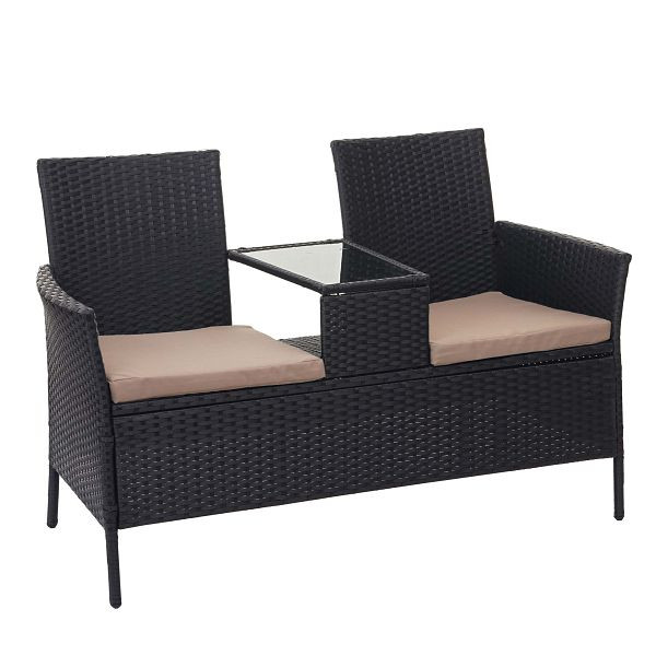 Mendler Poly-Rattan Sitzbank mit Tisch HWC-E24, Gartenbank Sitzgruppe Gartensofa, 132cm, schwarz, Kissen creme, 65243