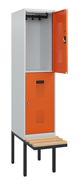 C+P Doppelstock-Spind Evolo PLUS, Bank, 2 Fächer, 1950x400x815mm, 7035/2004, Zylinderschloss, Sitzfläche Buche-Hartholz, 0493405-12 S10022