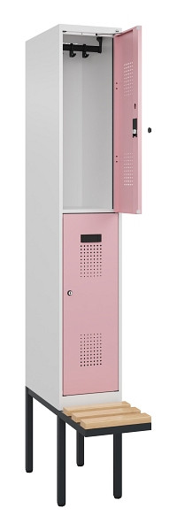 C+P Doppelstock-Spind Evolo PLUS, Bank, 2 Fächer, 2120x300x815mm, 9016/3015, Zylinderschloss, Sitzfläche Buche-Hartholz, 0493407-10 S10045