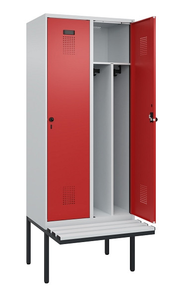 C+P Spind Evolo PLUS, 2 Abteile, 2120x800x815mm, 7035/3000, Haken 4, Drehriegel, Sitzfläche Kunststoff, Trennwand, 0490407-22F S10057