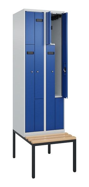 C+P Z-Spind Evolo PLUS, Bank, 4 Fächer, 2120x600x815mm, 7035/5010, Zylinderschloss, Sitzfläche Buche-Hartholz, Sitzbank, 0490537-204 S10036