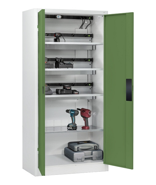 C+P Akkuladeschrank Serie 89, H1950xB930xT500mm, 7035/6011, 3 Elektroböden, 1 Einlegeboden, 8921-05E3 S10067
