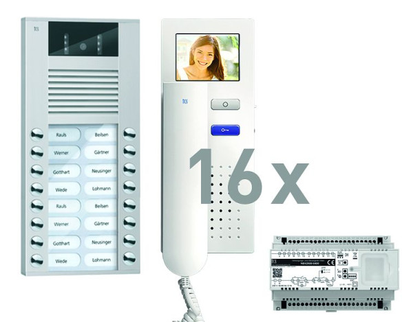 TCS Türkontrollsystem video:pack AP für 16 Wohneinheiten, mit Außenstation AVE 16 Klingeltasten, 16x Video Türtelefon IVH3222, Steuerung, PVE15160-0010