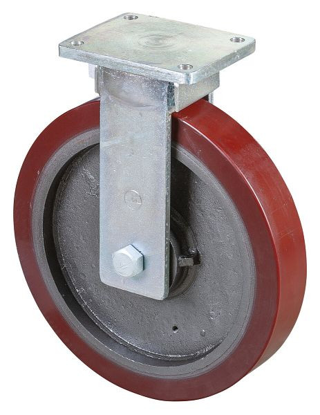 BS Rollen Schwerlastrolle, Bockrolle, Rad-Breite 75 mm, Rad-Ø 400 mm, Tragfähigkeit 2500 kg, Guss-Polyurethan 95 Shore A, Guss, Kugellager, RR110.C10.400