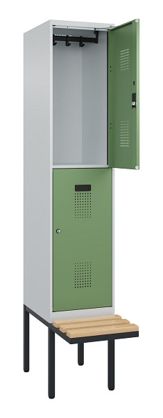 C+P Doppelstock-Spind Evolo PLUS, Bank, 2 Fächer, 2120x400x815mm, 7035/6011, Zylinderschloss, Sitzfläche Buche-Hartholz, 0493407-12 S10037