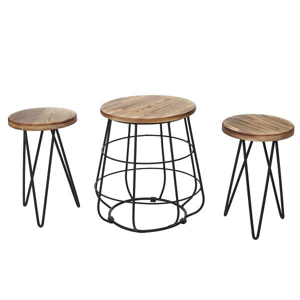 Mendler 2er-Set Sitzhocker mit Tisch HWC-A80, Sitzgruppe, Industriedesign Echtholz, 59843+59844