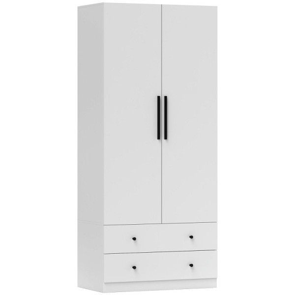 HOMCOM Kleiderschrank, 2 Türen, Hängebereich, Kleiderstange, 2 Schubladen, Spanplatte, Weiß, 831-971V90WT