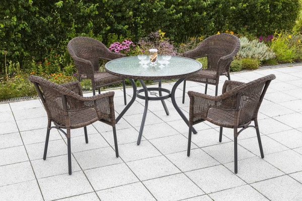 Merxx Ravenna Set 5-teilig, 4 Stapelsessel, 1 Tisch Ø 100 cm, matte Glasplatte, graphit/schoko, Aluminiumgestell mit Kunststoffgeflecht, 50396-210