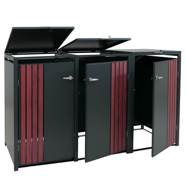 Mendler 3er-Mülltonnenverkleidung HWC-O67, Mülltonnenbox mit Deckel, Metall 122x200x84cm 83kg, anthrazit Holzoptik dunkel, 122344+122345+122346