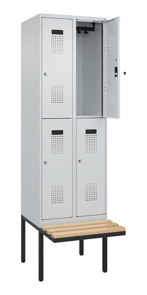 C+P Doppelstock-Spind Evolo PLUS, Bank, 4 Fächer, 2120x600x815mm, 7035/7035, Zylinderschloss, Sitzfläche Buche-Hartholz, 0493407-20 S10040