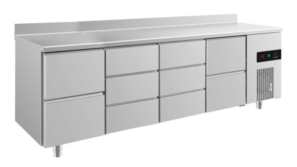 A&S Polarny Kühltisch -2 bis +8°C mit 2x zwei Schubladen und 2x drei Schubladen mittig, 2330 x 700 x 850 mm, mit Aufkantung, KT4ZDDZA
