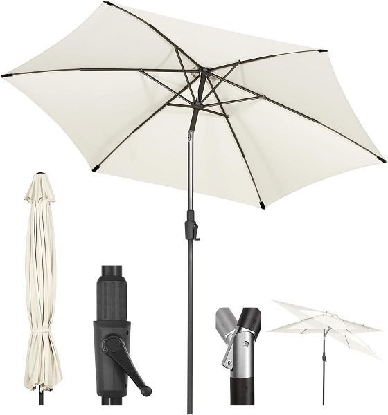 Sekey 270 cm Sonnenschirm mit Kurbel und Auto Kippen, für Terrasse, Balkon & Garten, windfest stabil UPF50+, Graubeige, Rund, UB77