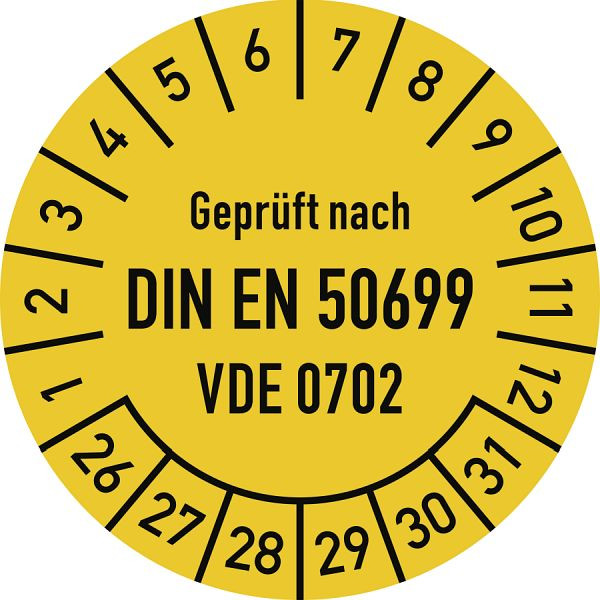 Moedel Prüfplakette DIN EN 50699, VDE 0702, 2026-2031, Folie, Ø 30mm, VE: 10 Stück/Bogen, 108557