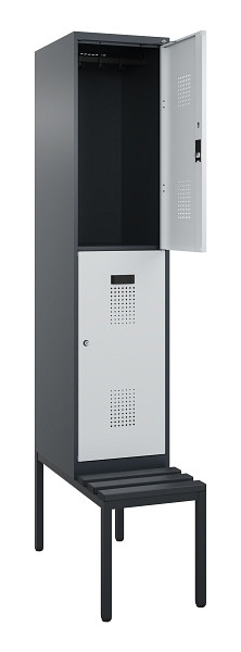 C+P Doppelstock-Spind Evolo PLUS, Bank, 2 Fächer, 2120x400x815mm, 7016/7035, Zylinderschloss, Sitzfläche Kunststoff, Sitzbank, 0493507-12 S10125