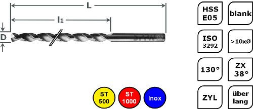 SPPW Spiralbohrer überlang HSS-E05 >10xØ ZX38° L: 200x150 Ø3,8, 4113000380