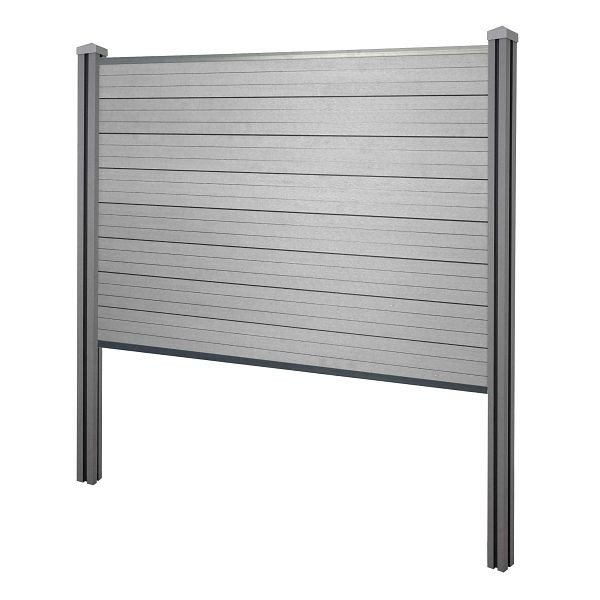 Mendler WPC-Sichtschutz Sarthe, Zaun Windschutz, WPC-Pfosten zum Einbetonieren, Basiselement, 195cm grau, 2x64890+76231+76234+76255