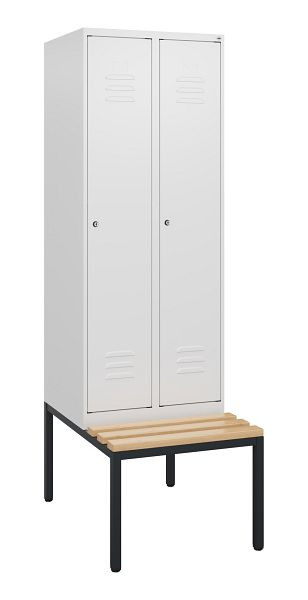 C+P Umkleidespind Classic PLUS, mit untergebauter Sitzbank, 2 Abteile, 1950x600x815mm, 9016/9016, Zylinderschlösser, Buche-Sitzleisten, 0800505-20 S10029