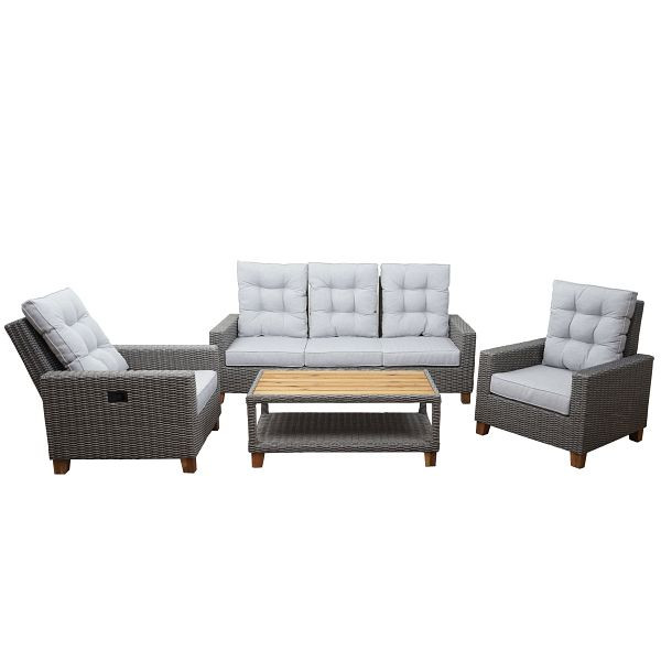 Mendler Gartengarnitur HWC-G28, Sitzgruppe Lounge-Set, Akazie Holz halbrundes Rattan verstellbar FSC, grau, Kissen hellgrau, 71185+71186