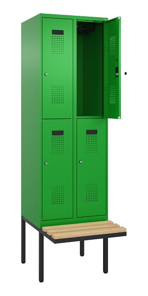 C+P Doppelstock-Spind Evolo PLUS, Bank, 4 Fächer, 2120x600x815mm, 6037/6037, Zylinderschloss, Sitzfläche Buche-Hartholz, 0493407-20 S10053