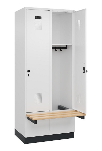 C+P Spind Evolo PLUS, 2 Abteile, 1950x800x815mm, 9016/9016, Drehriegel, Sitzfläche Holz, Sitzbank auskragend Sockel, 049040-22 S10020