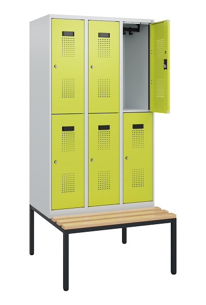 C+P Doppelstöckiger Spind Evolo PLUS, Bank, 6 Fächer, 1950x900x815mm, 7035/0024, Zylinderschloss, Sitzfläche Buche-Hartholz, Sitzbank, 0493505-30 S10042