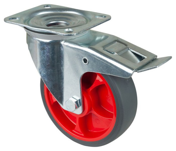 BS Rollen Transportrolle Lenkrolle mit Festeller, thermoplastisches Gummirad, Reifen grau, Rollenlager, Platte: 160 mm, VE: 2 Stück, L420.B44.161.03