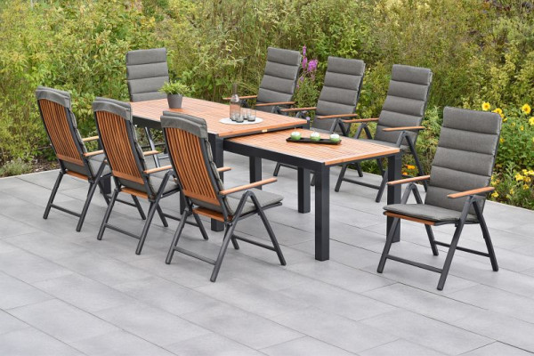 Merxx Athos Set 17-teilig, 8 Klappsessel, 8 Kissen, grau, 1 Flex Ausziehtisch 180/180 x 100/83 x 80/74 cm, Aluminium mit FSC Akazienholz, 50839-800