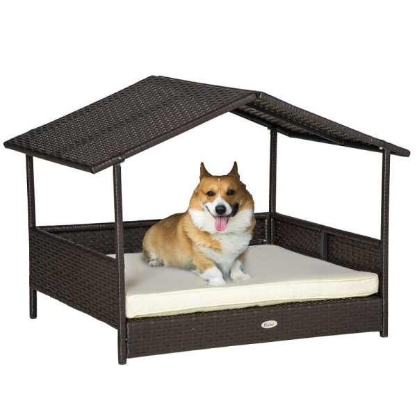 PawHut Rattan Hundeliege Outdoor mit Dach, Erhöhtes Hundebett für kleine und mittelgroße Hunde, Kühlendes Haustierliege mit Metallrahmen, D02-029