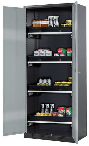 asecos Chemikalienschrank Systema-T CS-84, Korpus anthrazit, Flügeltüren silber, 4 Tablarauszüge, 208903