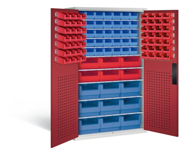 C+P Magazinschrank Serie 13, H1950xB1100xT535mm, Farbe: Lichtgrau / Rubinrot, Muldengriff, 130276-66 S10018