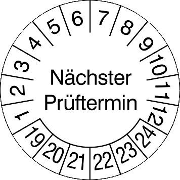 SafetyMarking Prüfplakette, Nächster Prüftermin, Prüfzeitraum: 19-24, Ø 3 cm, Folie, selbstklebend, VE: 15 Stück/Bogen, 30.3687-19-24