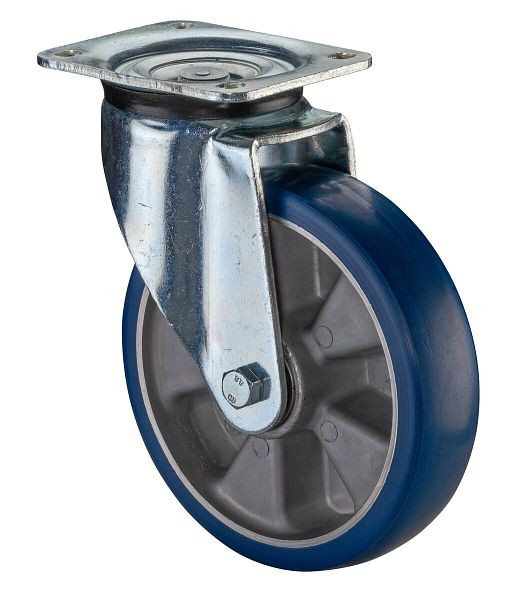 BS Rollen Schwerlastrolle Lenkrolle, Polyurethanrad 83 Shore, Aluminiumfelge, Kugellager, Platte, Durchmesser: 200 mm, L600.B92.200