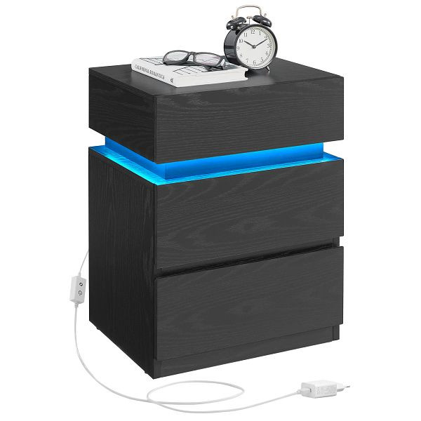 VASAGLE Nachttisch mit LED-Beleuchtung, Beistelltisch, verstellbare Farben, 3 Schubladen, modern, 35 x 40 x 55 cm, Schwarz mit Holzmaserung, LET630T56