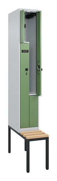 C+P Z-Spind Evolo PLUS, Bank, 2 Fächer, 2120x300x815mm, 7035/6011, Drehriegel, Sitzfläche Buche-Hartholz, Sitzbank, 0490537-102 S10002