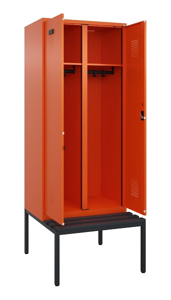 C+P Schwarz-Weiß-Spind Evolo PLUS, Bank, 2 Abteile, 2120x800x815mm, 2004/2004, Zylinderschloss, Sitzfläche Kunststoff, Sitzbank, 0490527-22 S10103