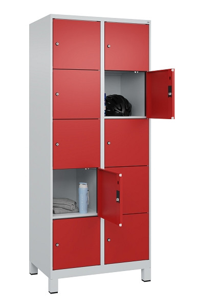 C+P Schließfachschrank Evolo PLUS, mit Füßen, 10 Fächer, 1950x800x500mm, 7035/3, Frontfarbe RAL 3000 feuerrot, 049010-225 S10003