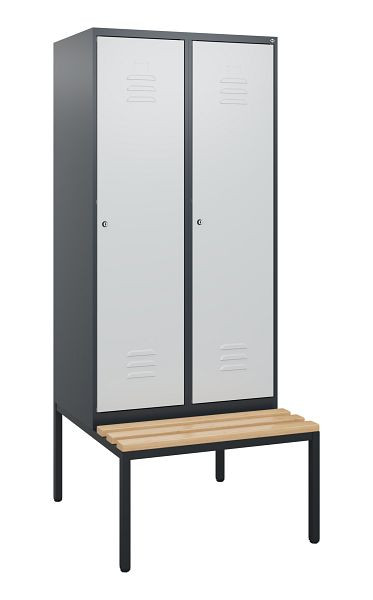 C+P Umkleidespind Classic PLUS, mit untergebauter Sitzbank, 2 Abteile, 1950x800x815mm, 7016/7035, Zylinderschlösser, Buche-Sitzleisten, 0800505-22 S10028