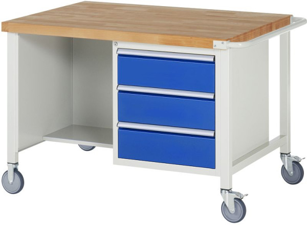 RAU Fahrbare Werkbank 8000- Modell 8462, B1250xT900xH880-1080mm, Doppel-Unterbau-Container, links Fachboden, rechts Schubladen 3x180mm, 05-8462A2-129B4H.11