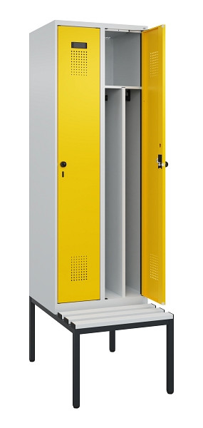 C+P Spind Evolo PLUS, 2 Abteile, 2120x600x815mm, 7035/1023, Drehriegel, Sitzfläche Kunststoff, Sitzbank, 0490507-20F S10055